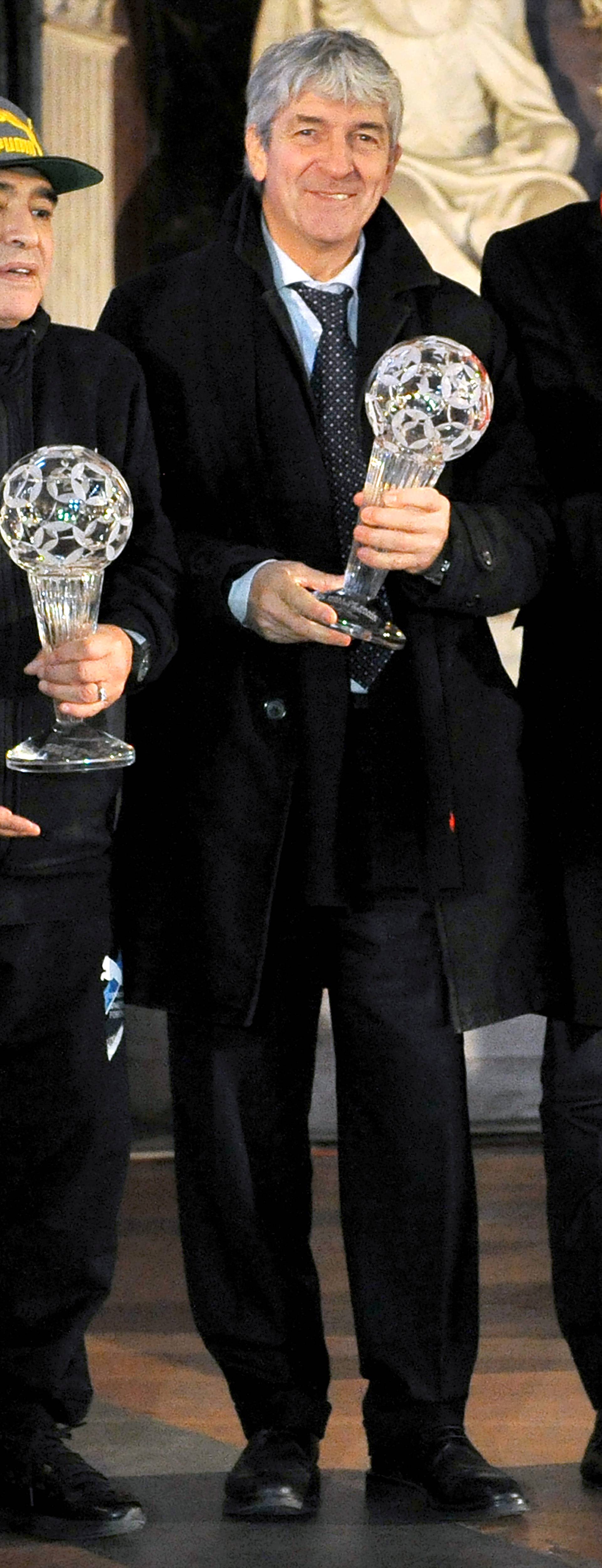 Diego Maradona and Paolo Rossi pose for a photo as they attend the Italian football hall of fame awards ceremony