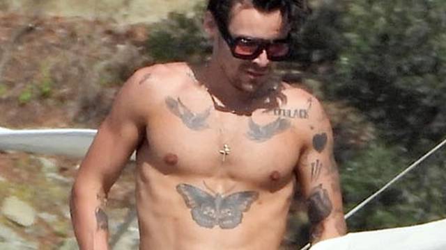 *PREMIUM-EXCLUSIVE* MUST CALL FOR PRICING BEFORE USAGE  - Harry Styles shows off his toned physique and his impressive array of tattoos on his Italian holiday with friends James Corden and Victoria's Secrets lingerie model Jacquelyn Jablonski out on Lake