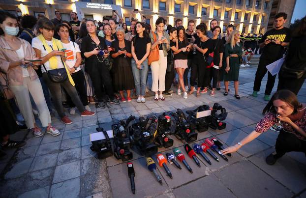 A rally in memory of Pirveli TV channel cameraman Alexander Lashkarava, a victim of violence against LGBT+ activists and journalists last Monday, in Tbilisi