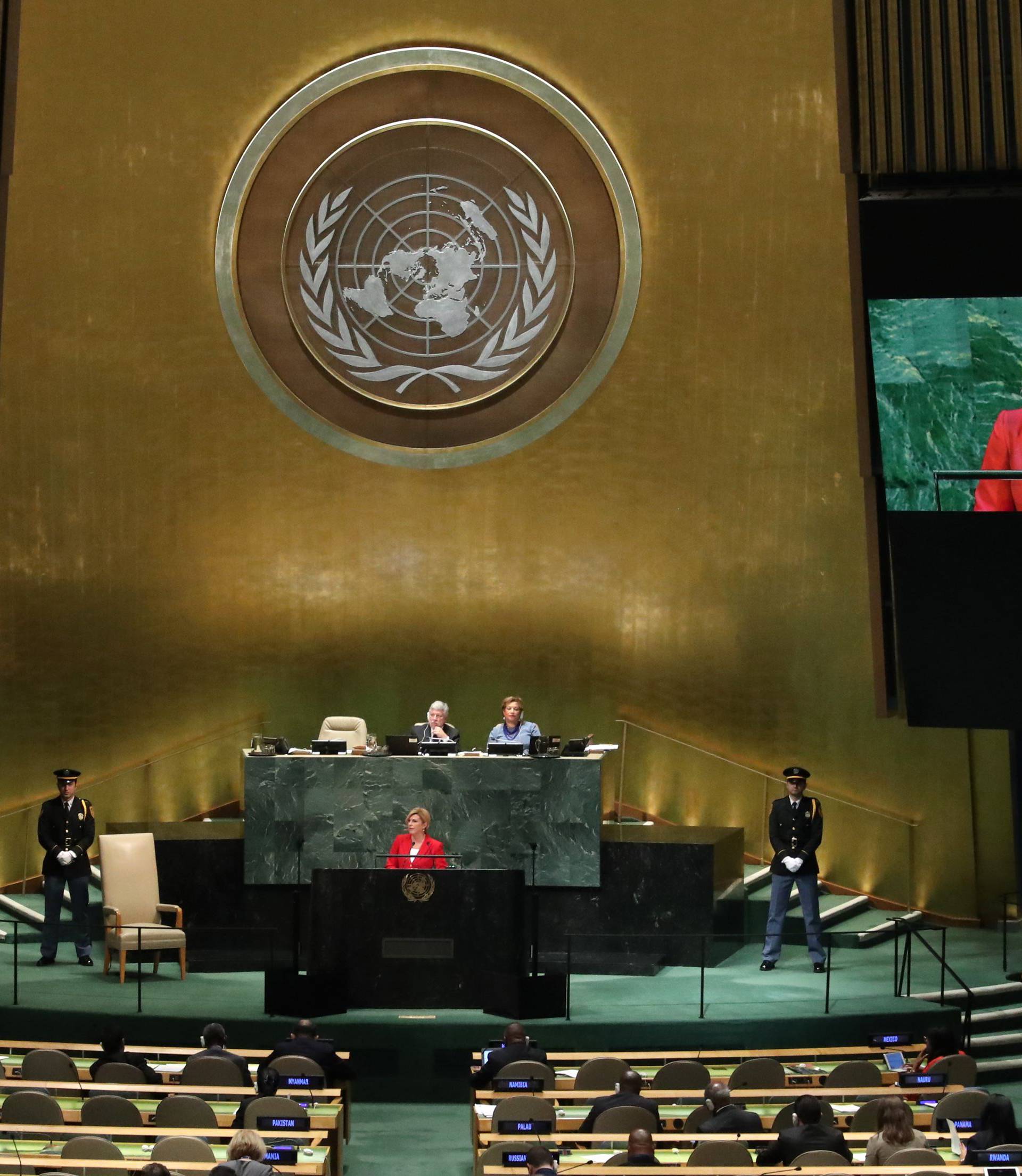 Croatia's President Kolinda Grabar-Kitarovic addresses the United Nations General Assembly in New York