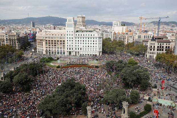 General view of Plaza de Cataluya during a protest after a verdict in a trial over a banned independence referendum, in Barcelona