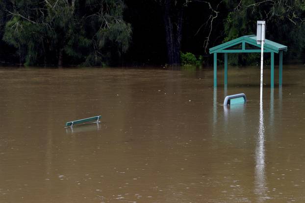 Kelso Beach Reserve is submerged by floodwater after the Georges River burst its banks in East Hills, south-west of Sydney
