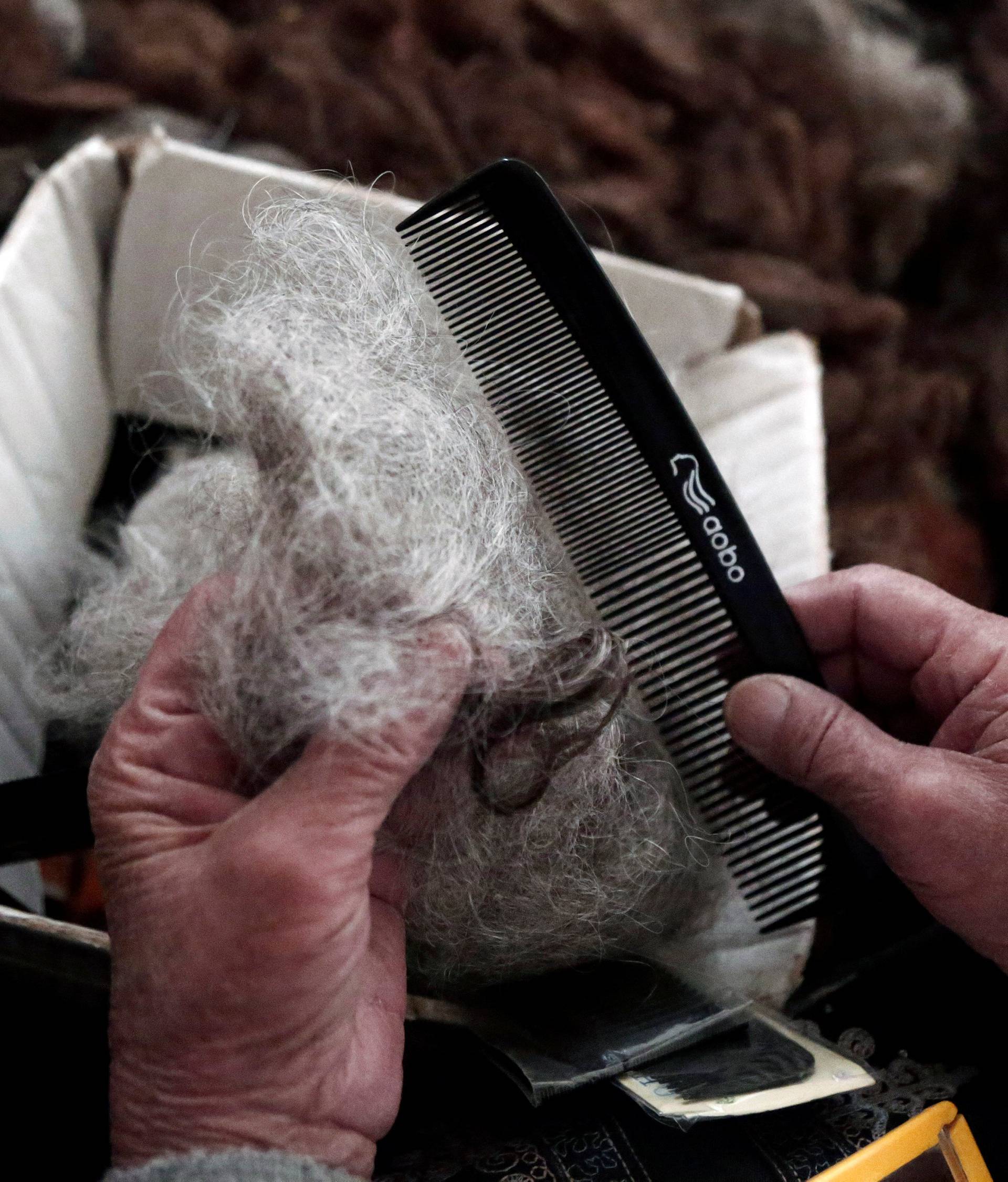 Ezzeya Daraghmeh, an 82-year-old Palestinian woman who said she has kept parts of her hair she cut over 67 years, combs her collected hair before stuffing it in a pillow, in the West Bank town of Tubas