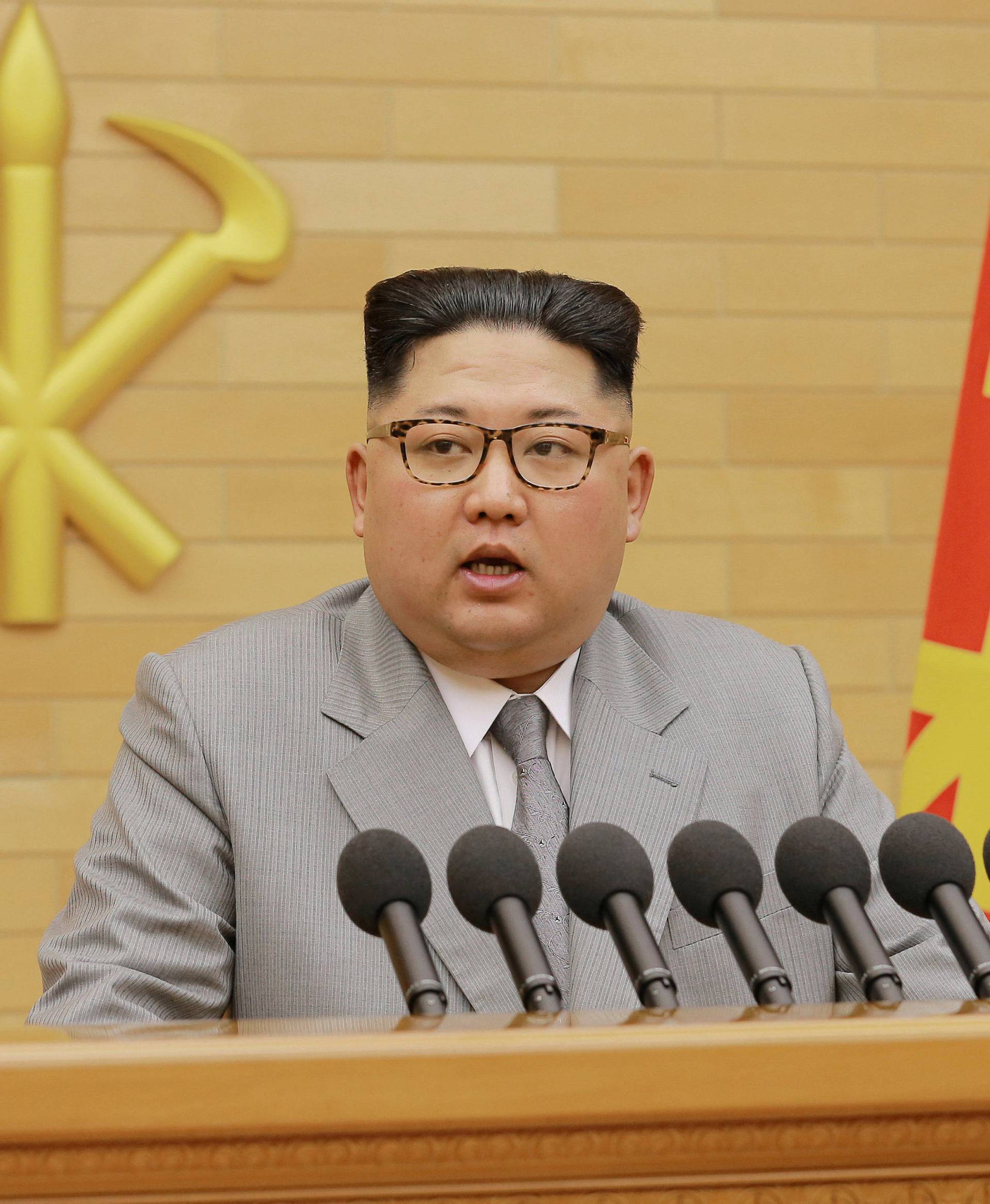 KCNA picture of North Korea's leader Kim Jong Un speaking during a New Year's Day speech