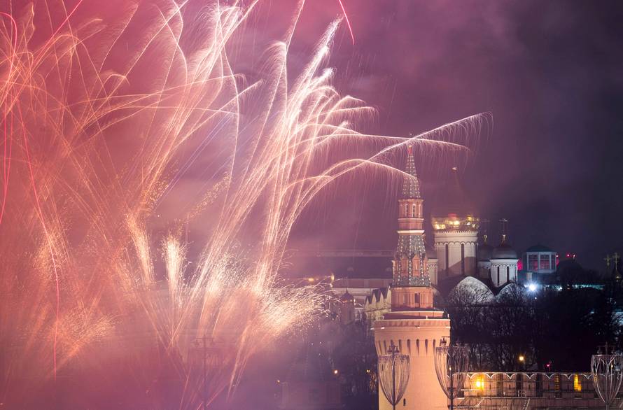 Fireworks explode in the sky during New Year's celebrations in Moscow