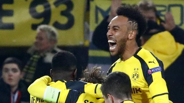 Borussia Dortmund's Pierre-Emerick Aubameyang celebrates scoring their third goal with team mates