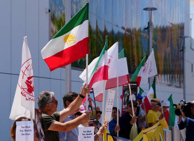 Protest ahead of Iran's first match during the FIFA World Cup 2026, near SoFi Stadium