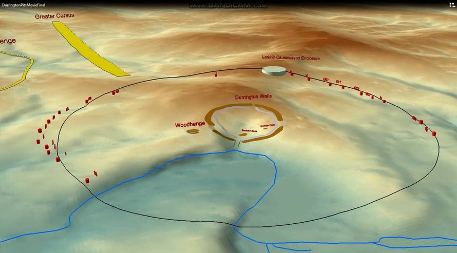 The location of wide circle of pits surrounding an ancient settlement near Stonehenge
