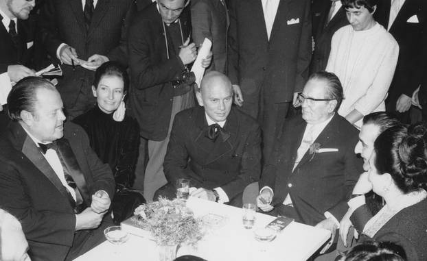 World premiere of the film >The Battle of Neretva.< From left to right. Orson Welles - Yul Brynner - President Josip Broz Tito - Director Veljko Bulajic and Mrs. Tito. Sarajevo. 1968 Photograph.