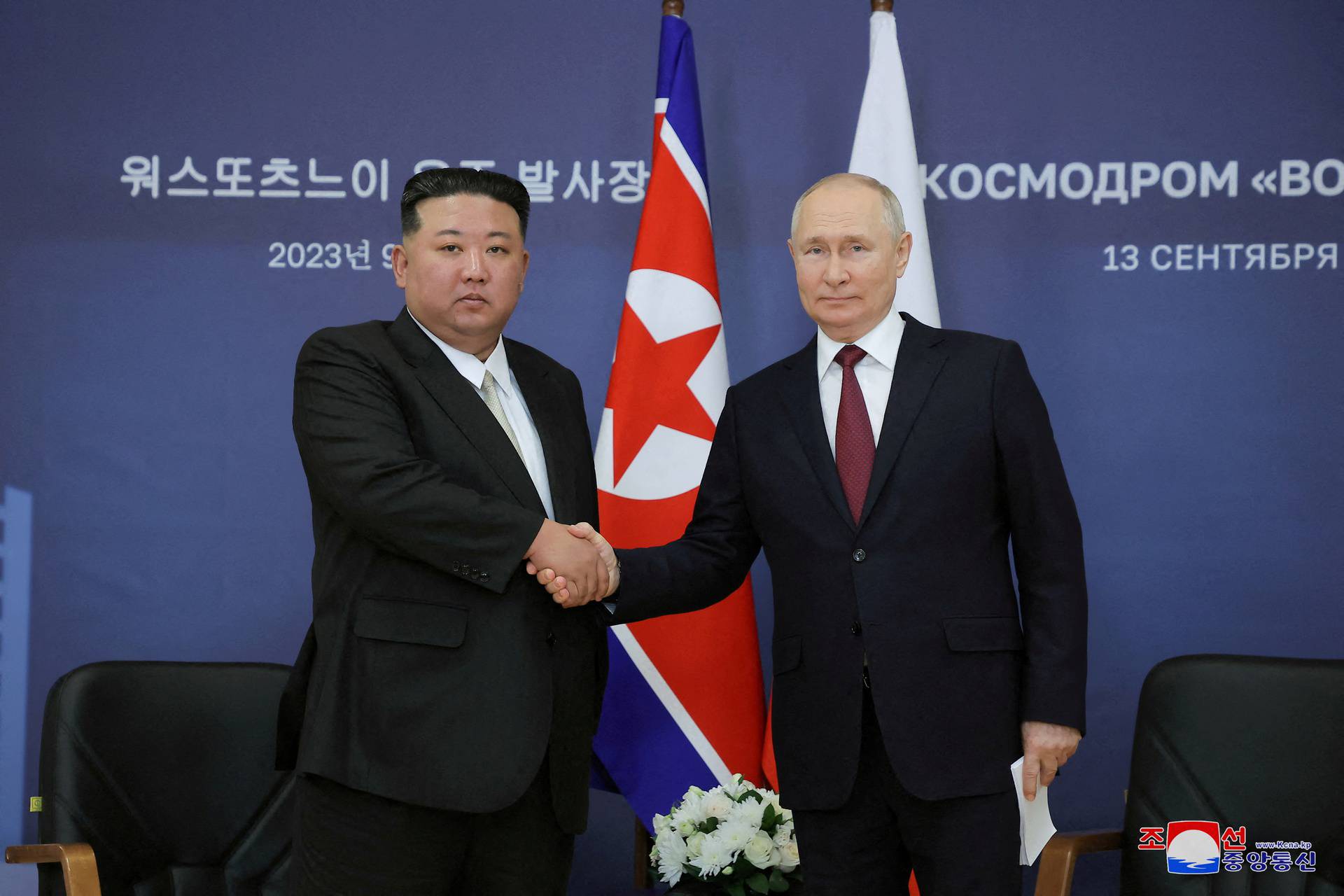 FILE PHOTO: Russia's President Putin and North Korea's leader Kim meet in Amur region