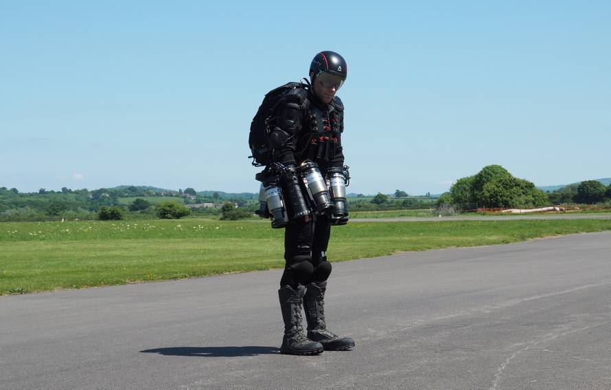 Inventor Richard Browning of technology startup Gravity prepares to take off in his ÃDaedeausÃ jet suit at Henstridge airfield in Somerset