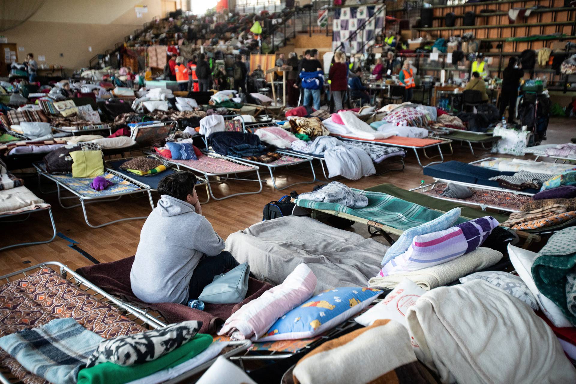 A general view of the hall of Hrubieszowski Sports and Recreation Centre which has been transformed into an accommodation facility for refugees from Ukraine in Hrubieszow