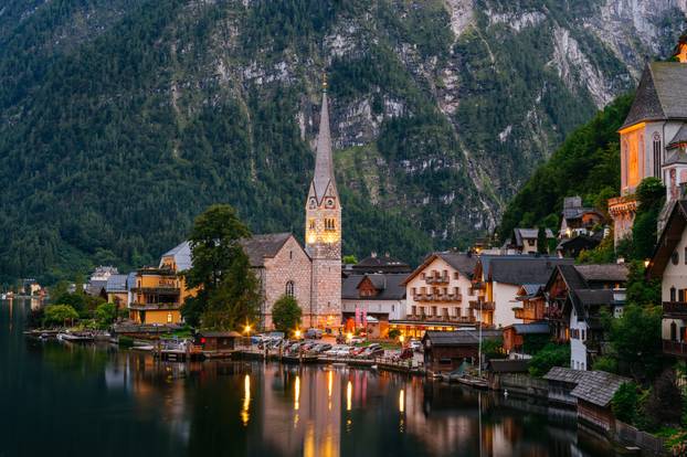 Hallstatt town view in twilight, Austria