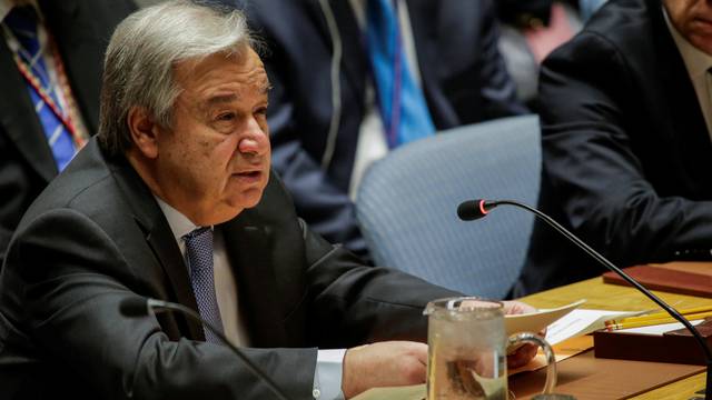 United Nations Secretary-General Guterres speaks during the United Nations Security Council meeting on Syria at the U.N. headquarters in New York