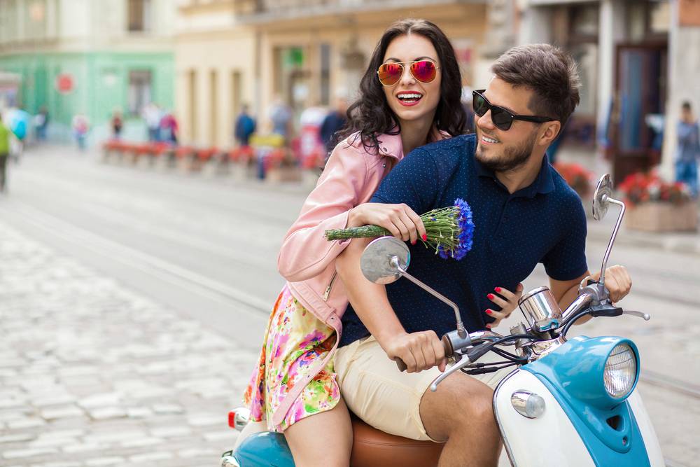 Young,Beautiful,Hipster,Couple,Riding,On,Motorbike,City,Street,,Summer