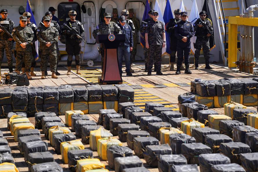 El Salvador Navy displays seized cocaine aboard intercepted vessel, in La Union