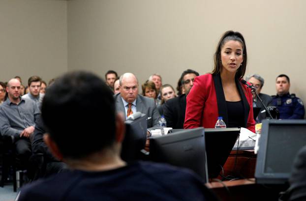 Victim and Olympic gold medalist Aly Raisman speaks at the sentencing hearing for Larry Nassar, a former team USA Gymnastics doctor who pleaded guilty in November 2017 to sexual assault charges, in Lansing