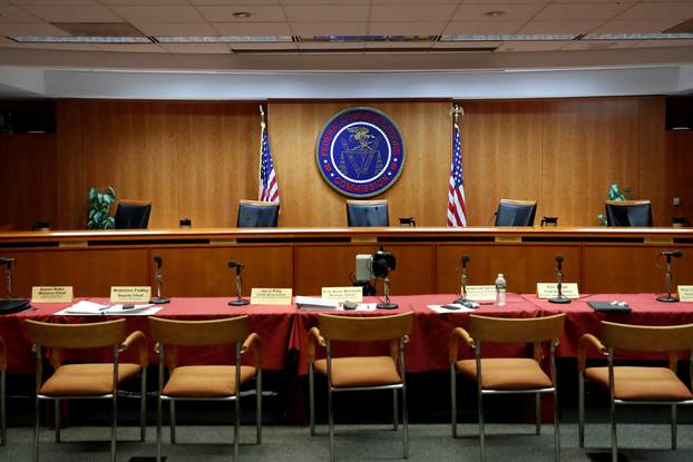 The meeting room is seen empty following a security threat ahead of the vote on the repeal of so called net neutrality rules at the Federal Communications Commission in Washington