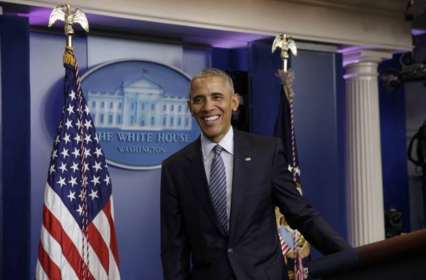 U.S.  President Obama departs following news conference at the White House in Washington