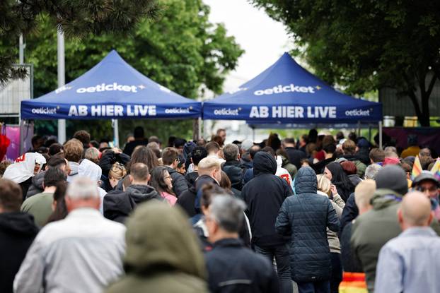 People line up outside the venue ahead of the Grand Final of the 2026 Eurovision Song Contest in Vienna