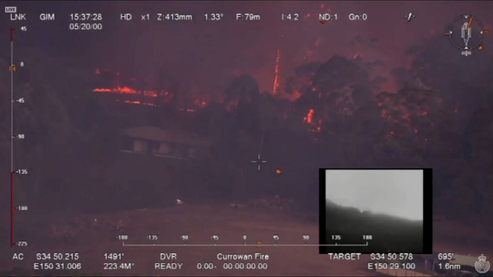 Aerial image shows flames from bushfires burning at Clyde Mountain, New South Wales