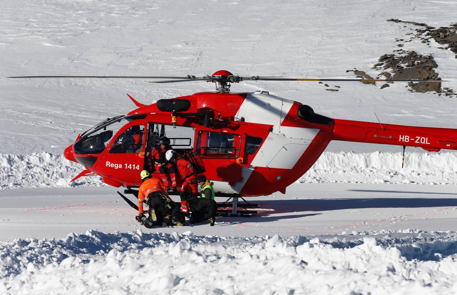 Swiss rescue teams take part in a life-saving exercise after an avalanche at the Glacier 3000 in Les Diablerets