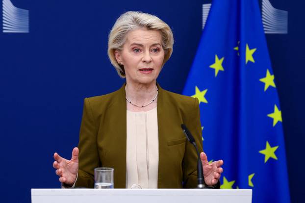 European Commission President Ursula von der Leyen speaks to the press on the 21st sanctions package against Russia, in Brussels