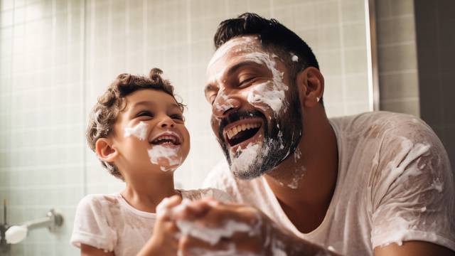 Father and son in the bathroom having fun and shaving, foam on their faces, generative ai