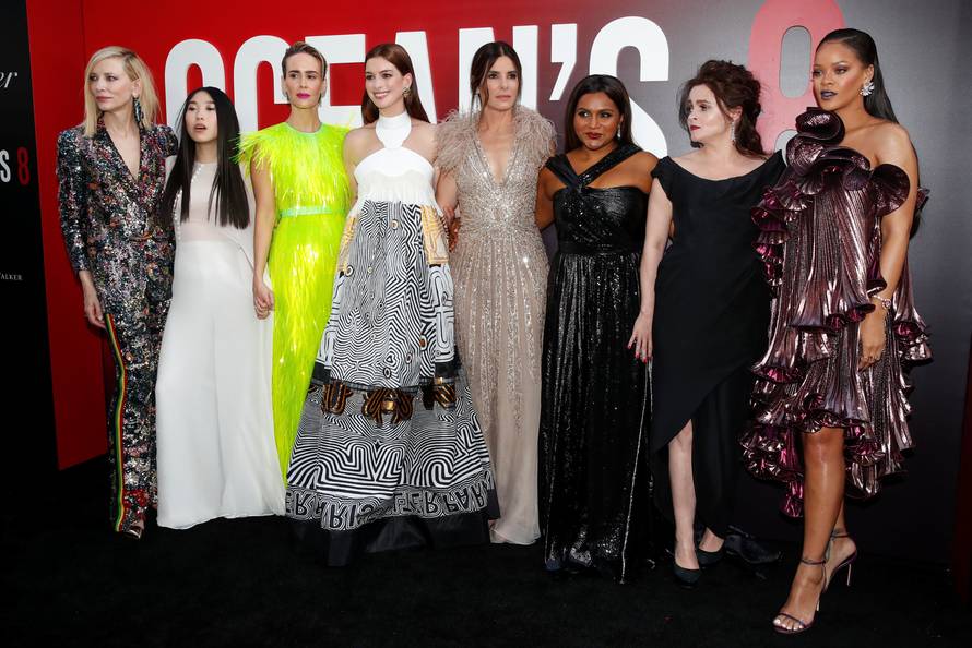 Cast members Blanchett, Awkwafina, Paulson, Hathaway, Bullock, Kaling, Bonham Carter and Rihanna pose at the world premiere of the film "Ocean's 8" at Alice Tully Hall in New York City