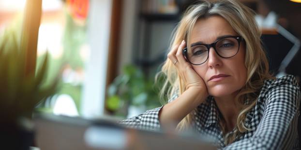 tired from work business adult woman in glasses sitting at laptop, headache from depression, banner