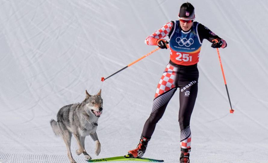 Val di Fiemme, Italy 20260218. A dog runs next to Tena Hadzic from Croatia during the cross-country team sprint on Lago di Tesero during the Winter Olympics in Milano Cortina 2026. Photo: Terje Pedersen / NTB   This text is auto translated