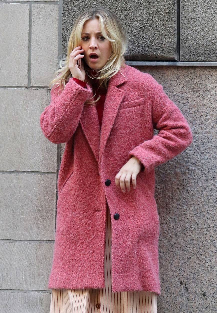 Kaley Cuoco braves the freezing temperatures while filming an intense and emotional scene for her upcoming TV thriller 'The Flight Attendant' in NYC