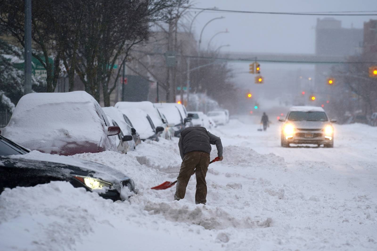 Snow falls during a Nor'easter storm amid the coronavirus disease (COVID-19) pandemic in New York