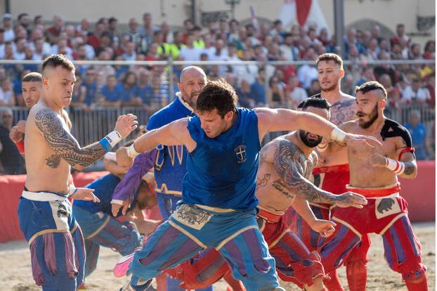 Florence, Final Azzurri Rossi of Calcio Storico Fiorentino In Piazza Santa Croce 8 to 7 for the Rossi