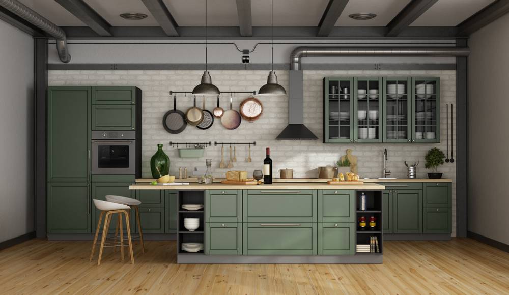 Vintage,Green,Kitchen,With,Island,In,A,Loft,-,3d