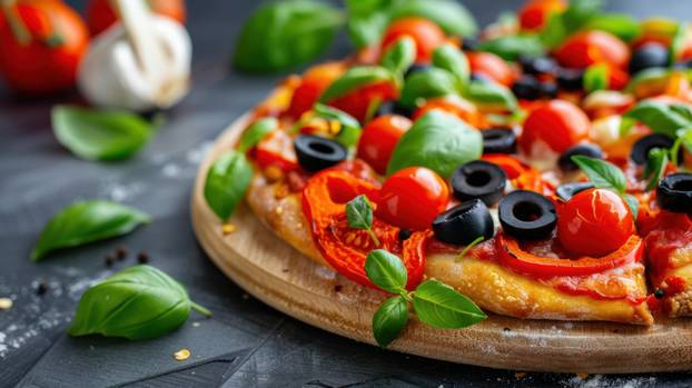Freshly Baked Vegetable Pizza with Colorful Toppings on Wooden Pizza Board Surrounded by Ingredients