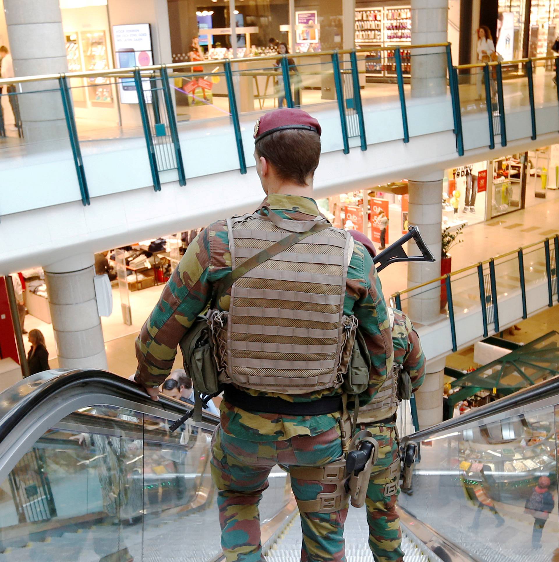 Belgian soldiers patrol the shopping center City2 in central Brussels