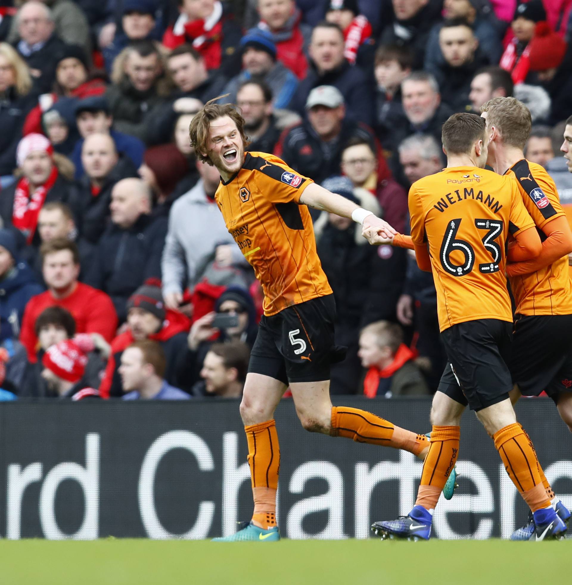 Wolverhampton Wanderers' Richard Stearman celebrates scoring their first goal with team mates