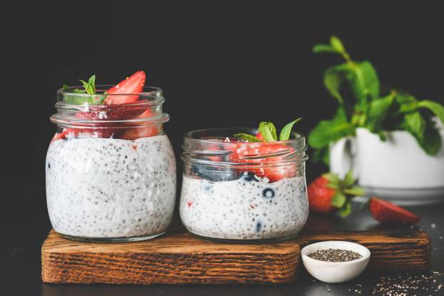 Chia pudding with fresh strawberries and blueberries