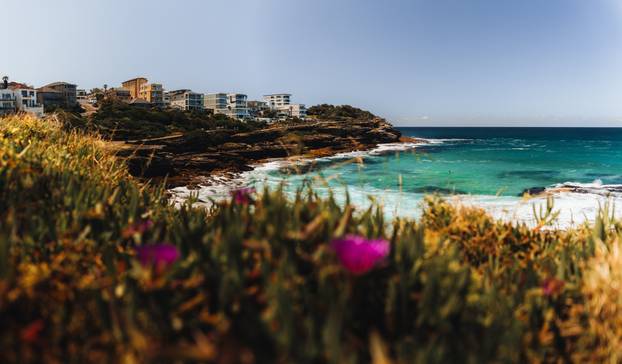 Landscape nature of cliff with ocean at Royal national park coastal walk in Sydney NSW Australia - Nature travel track from Wattamolla. Travel outdoor and Picnic Activity