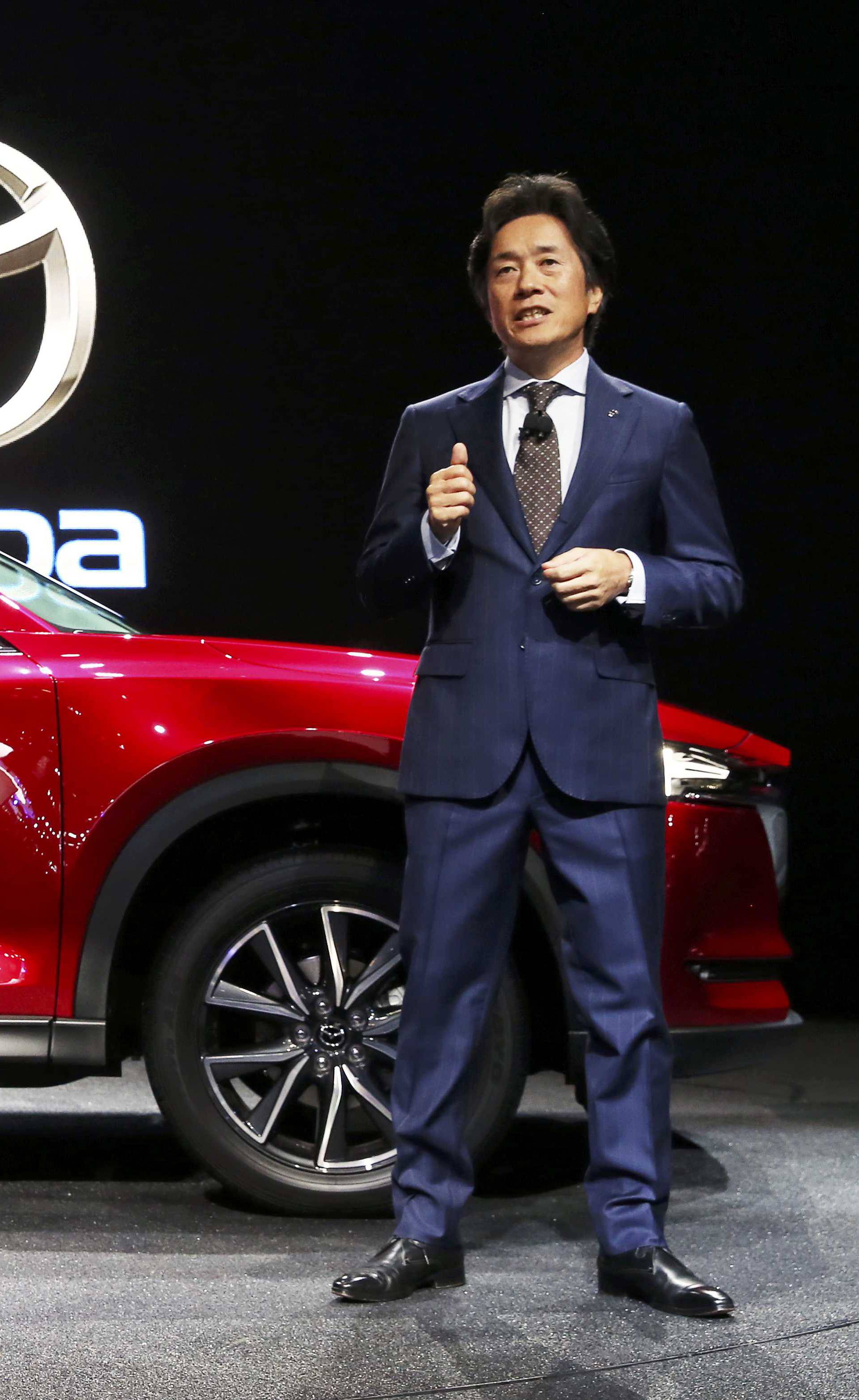 Masahiro Moro, President and CEO of Mazda North America, introduces the 2017 Mazda CX-5 at the 2016 Los Angeles Auto Show in Los Angeles