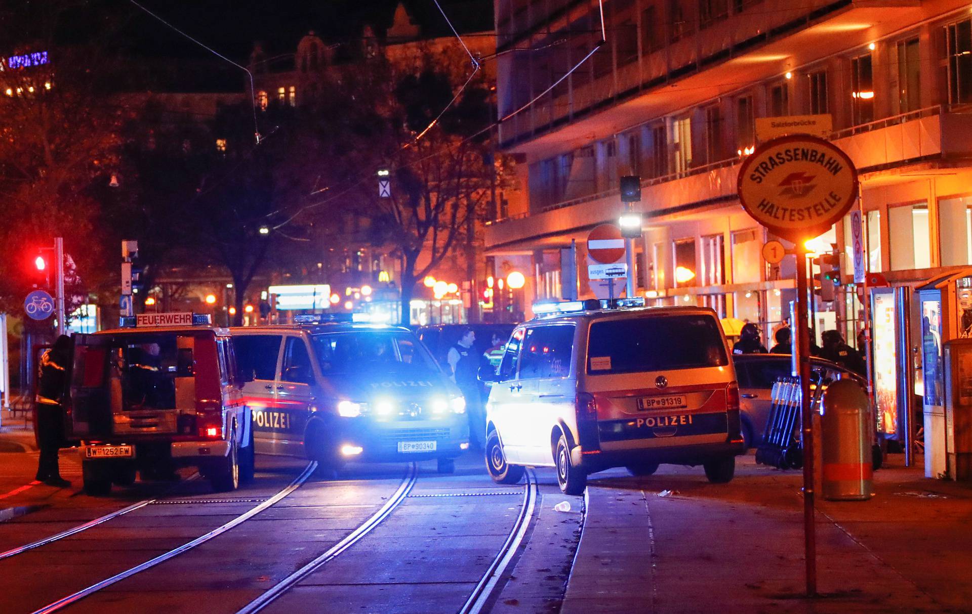 Police blocks a street near Schwedenplatz square after exchanges of gunfire in Vienna