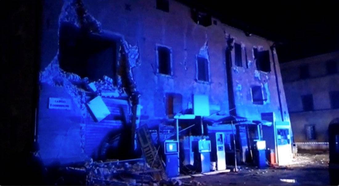 Still image from video shows damaged building after an earthquake in Visso