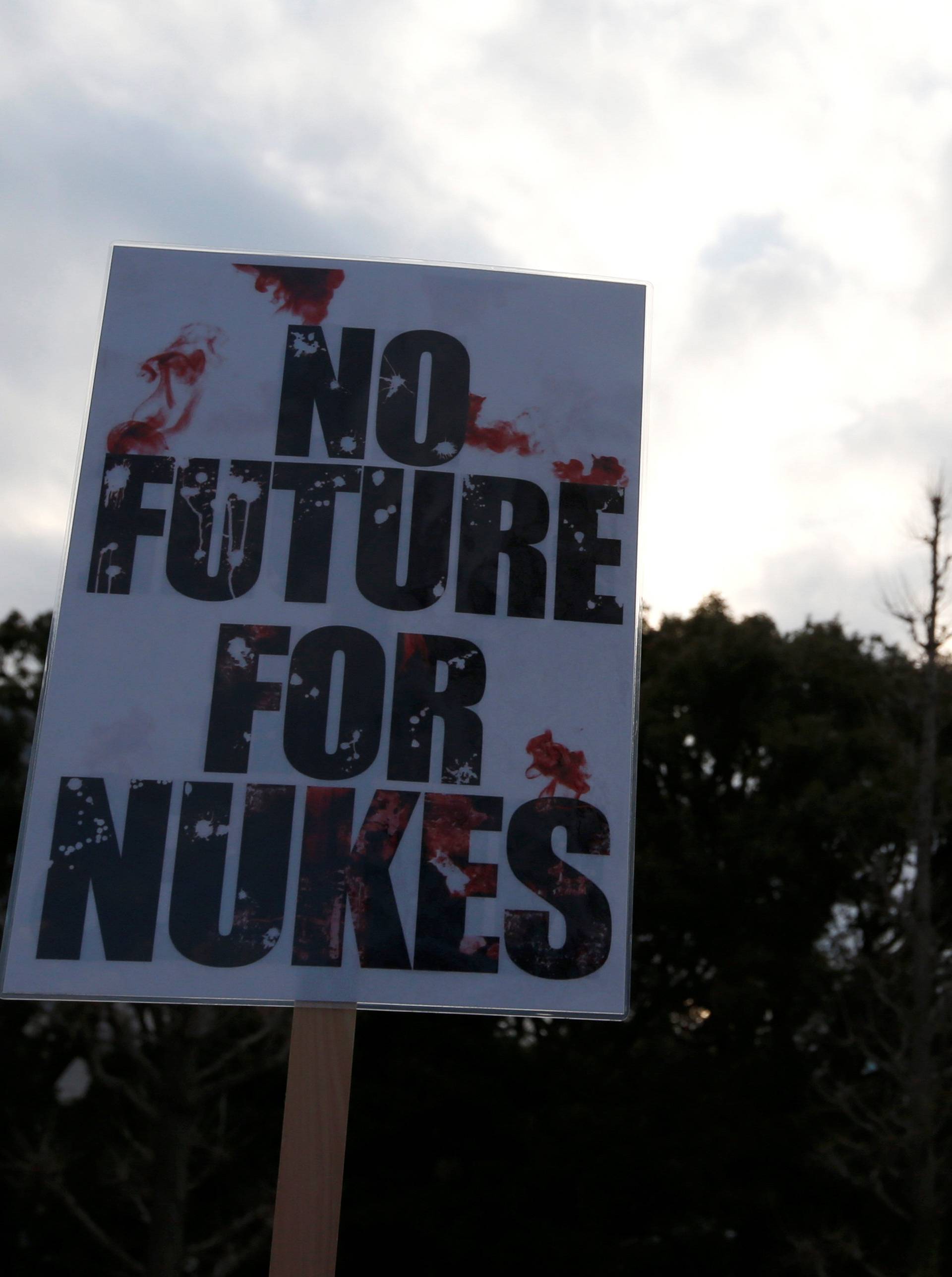 Anti-nuclear protesters raise a placard during a rally in front of the parliament building in Tokyo, Japan