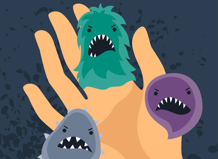 Background with little angry viruses and hand.