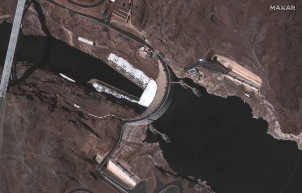 An aerial view shows the Hoover Dam on the Colorado River