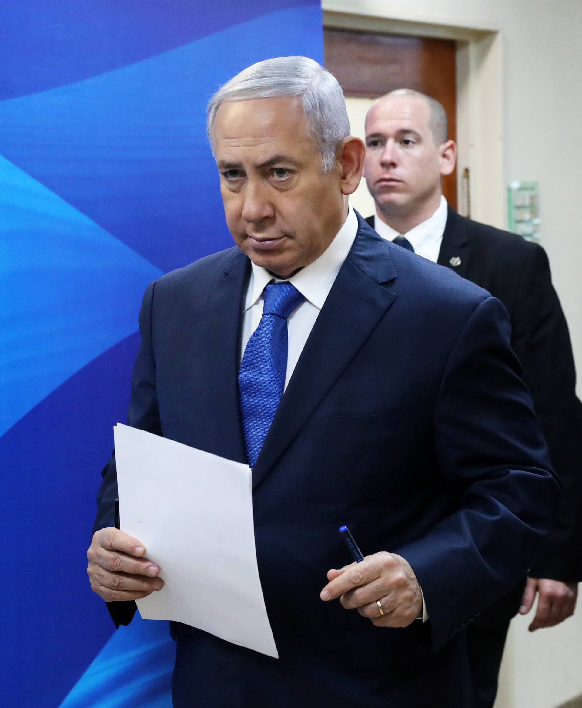Israeli Prime Minister Benjamin Netanyahu attends the weekly cabinet meeting at his office in Jerusalem