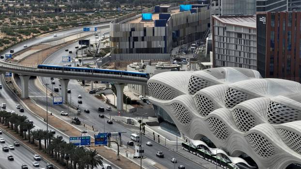 A train leaves the King Abdullah Financial District Metro Station in Riyadh, Saudi Arabia