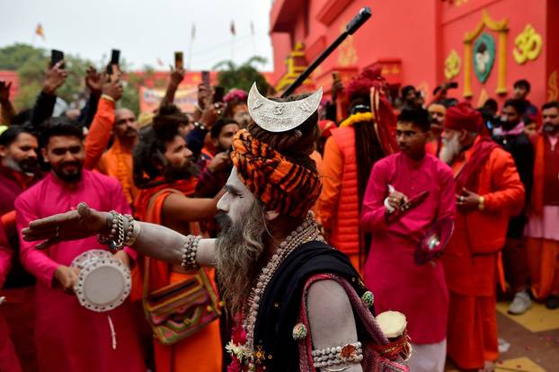 The arrival of the members of an akhara or sect of sadhus for the upcoming "Maha Kumbh Mela" in Prayagraj