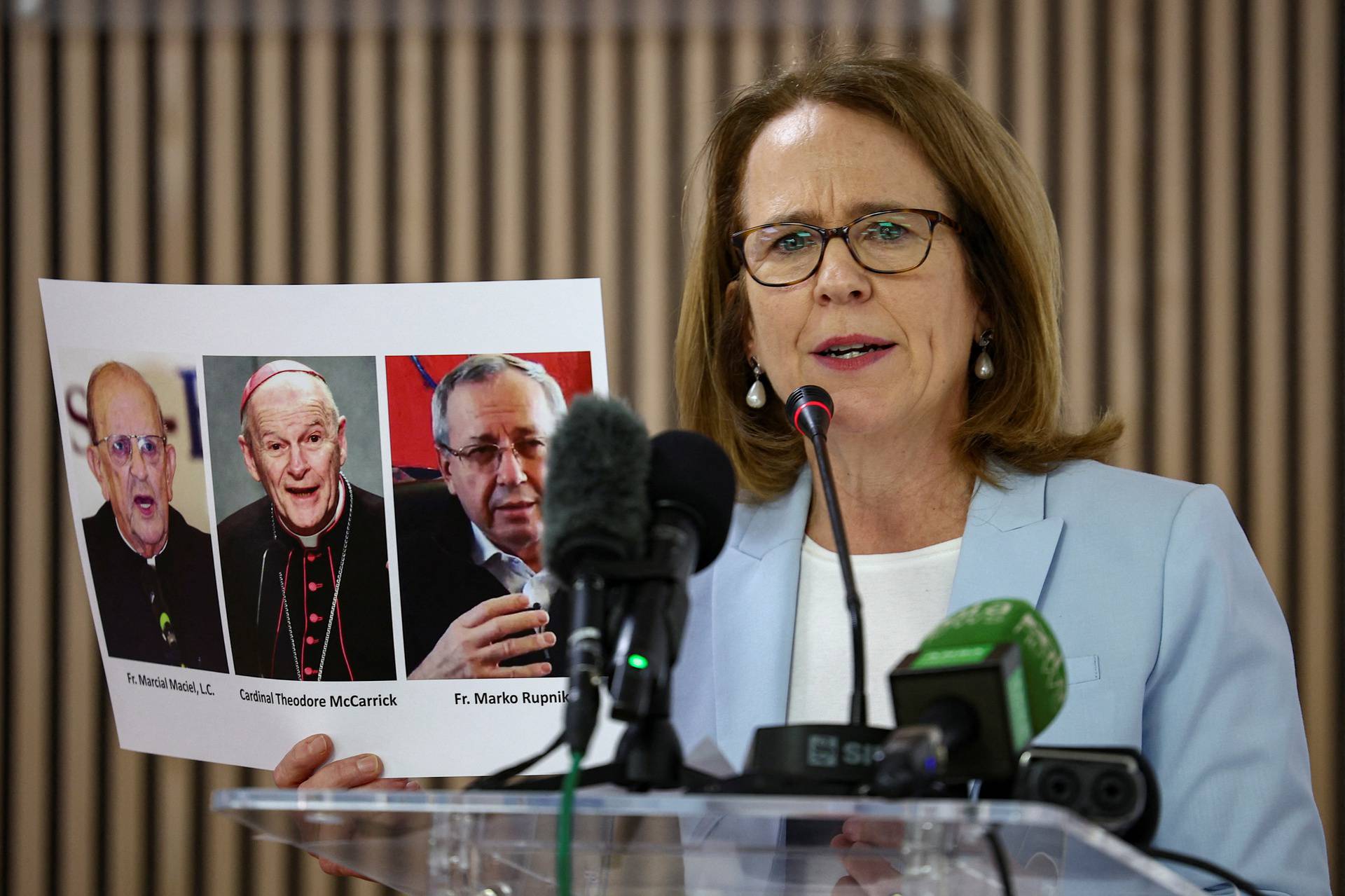 Former religious sisters who say they have endured abuse by world-renowned religious artist Father Marko Rupnik hold a press conference in Rome